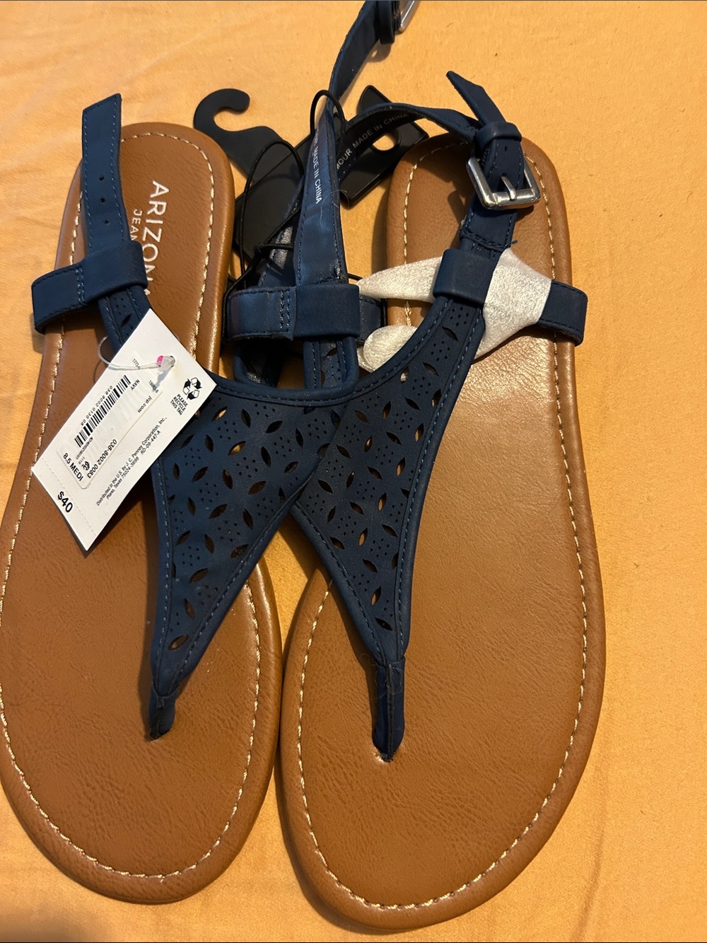 Arizona Jean Company Navy Perforated T-Strap Sandals with Tan Footbed